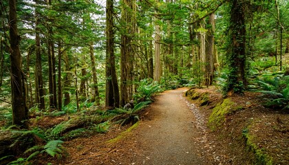 Fototapeta premium 푸른 숲속을 따라 이어진 산책, 트레일 코스