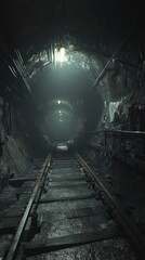 Naklejka premium Dark, Creepy Tunnel with Old Railway Tracks and Dim Lighting