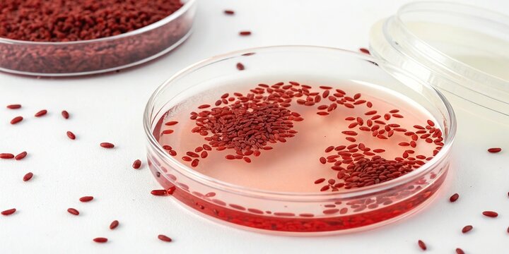 Red yeast rice particles suspended in a liquid with a white background, isolated for study, yeast, hong qu