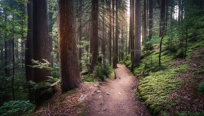 Obraz premium 푸른 숲속을 따라 이어진 산책, 트레일 코스