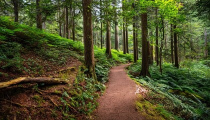 Obraz premium 푸른 숲속을 따라 이어진 산책, 트레일 코스