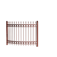 A red metal fence with a curved top and a lot of spikes
