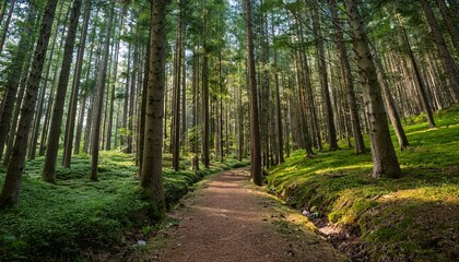 Obraz premium 푸른 숲속을 따라 이어진 산책, 트레일 코스