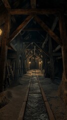 The interior of a coal mine with intricately carved wooden supports, dim lighting, and the faint glimmer of coal veins on the walls, evoking awe and historical craftsmanship. 