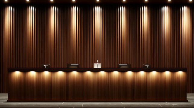 Modern podium design with a sturdy dark base and a polished wood-grained tabletop, bathed in soft light