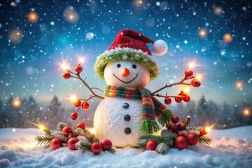 Cheerful snowman, adorned with festive lights, snowflakes and berries in a winter wonderland.