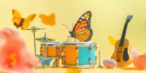 Colorful Miniature Drum Set with a Butterfly Playing Amidst Floral and Colorful Eggs for a Vibrant Spring Theme