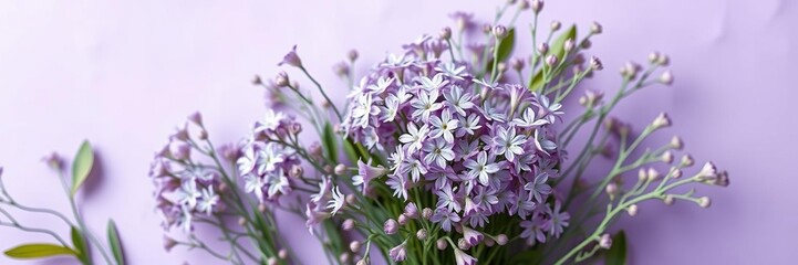 Delicate purple flowers in a lush cluster on a soft violet background with intricate green stems, floral pattern, delicate blooms, purple flowers