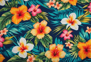 Seamless hand drawn tropical pattern with bright hibiscus flowers and exotic palm leaves on dark background.