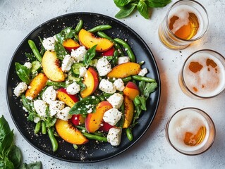 Fresh and Colorful Salad with Peaches, Basil, Green Beans, and Crumbled Cheese Served with Cold Beverages on a Light Background