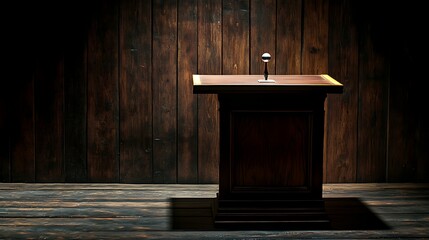 Professional podium with a sturdy, dark-colored base and a refined wood-grain tabletop, under soft, focused lighting