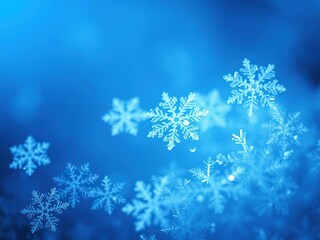 Soft blue light illuminates a field of frosty snowflakes, each one unique and delicate in its own right, frosty snowflakes, icy formations, soft focus effect