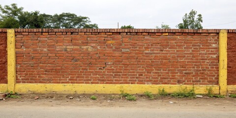Fototapeta premium Earthy red brick wall with yellowish mortar, rustic pattern, earthy tones