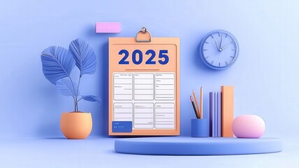 Goal setting and planning in 2025 concept. Year-long planner image for 2025 displayed on a floating background.