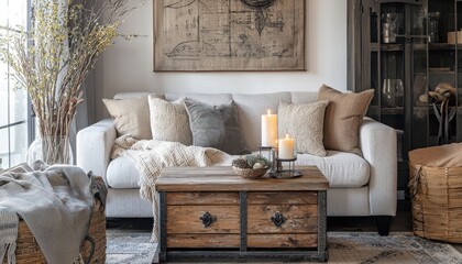 Cozy Rustic Living Room with Soft Textiles, Vintage Decor, and Natural Elements, Featuring a Comfortable Sofa, Wooden Coffee Table, and Warm Candlelight