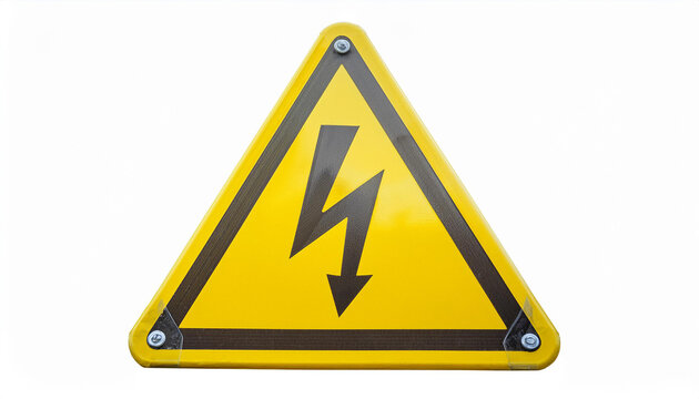 Yellow triangle warning sign with lightning bolt symbol. High voltage danger. Isolated on white