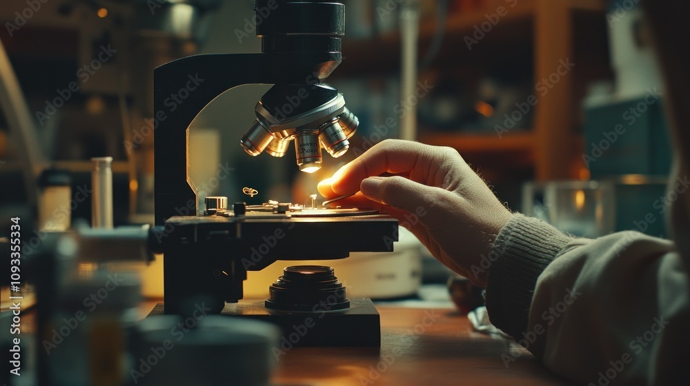 Poster A Hand Adjusting a Microscope Slide Under a Microscope