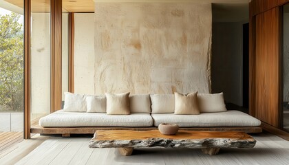 Modern Minimalist Living Room Featuring Artisan Craftsmanship and Natural Materials with Large Windows and Soft Textiles for a Cozy Atmosphere