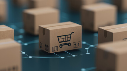 Procurement supply delivery concept. Online shopping boxes arranged in digital network, symbolizing e commerce