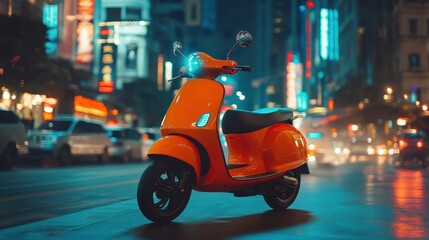 Orange retro-style scooter on lively city street