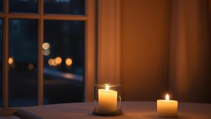 Softly glowing candlelit table beside a window frame with a blurred view of the outside, herbal fragrance, foliage, tapers