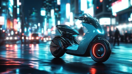 Glossy black scooter amidst glowing city backdrop.
