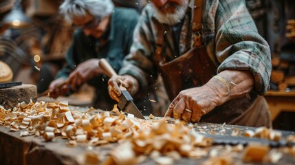 Skilled Craftsmen Engaged in Woodworking at a Community Workshop, Creating Unique and Handmade Wooden Items with Care and Precision