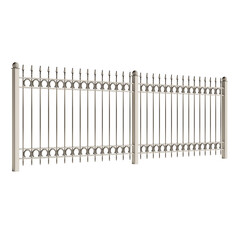 A white fence with a lot of spikes on it