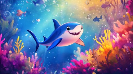 Fototapeta premium Smiling Shark in a Vibrant Coral Reef