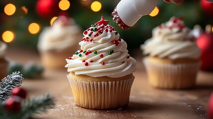 Close-up of icing smudges on a cupcake being decorated with a bright red and green topper and festive surroundings