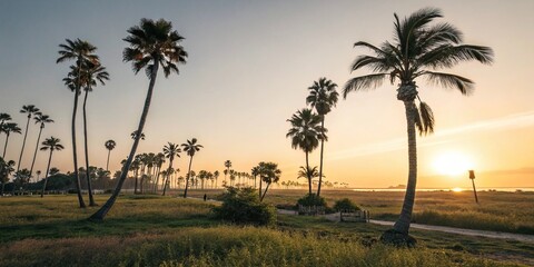 Gentle breeze rustles palm trees as sunset casts golden glow, natural scenery, soft focus, warm tones, gentle movement