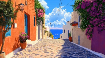 Fototapeta premium A Cobblestone Street Leading to a Sea View in a Mediterranean Town