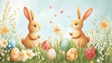 Obraz premium Cute Easter Bunnies in a Field of Flowers with Colorful Eggs