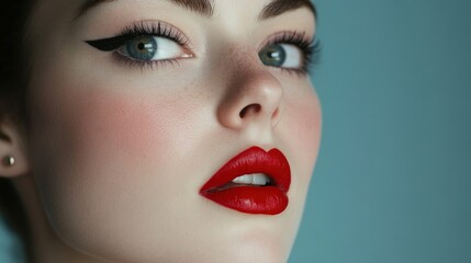 Fototapeta premium Close-up Portrait of a Woman with Red Lipstick and Winged Eyeliner