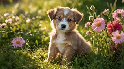 Adorable puppy sitting amidst blooming flowers in a sunlit meadow.
