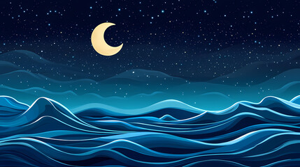 Naklejka premium Majestic starry night seascape with moonlit waves and reflections. Starry Cosmos Reflections. Illustration
