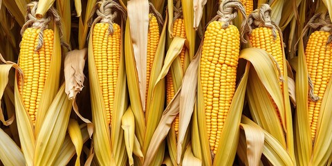 Golden corn stalks with ripe yellow kernels against a rustic farm background, countryside, rural, wheat