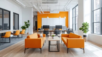 Transforming modern open-plan coworking space urban office interior design collaborative environment vibrant colors concept