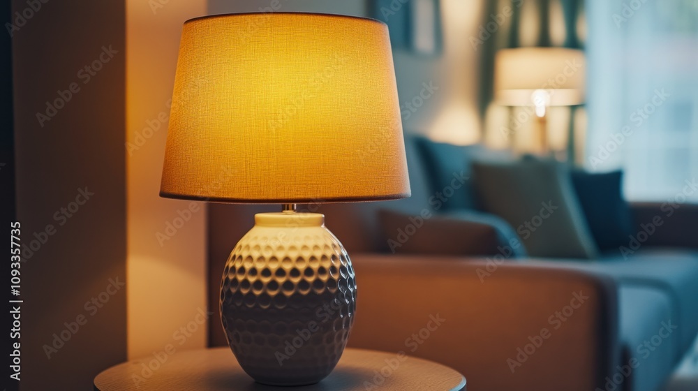Poster A close-up of a lamp with a yellow shade on a wooden table in a dimly lit room