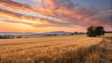 Fototapeta premium Golden wheat field at sunrise or sunset with warm orange and pink hues on a serene sunny day, sunrise, natural beauty