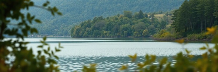 Vague view of a lake with trees and foliage surrounding the shoreline, peaceful, reflection, aquatic life