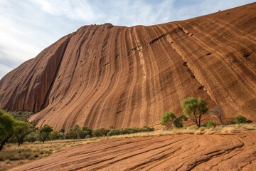 Horizontal striations on a vast brown rock surface, boulder surfaces, rocky terrain