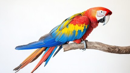 Fototapeta premium Bright macaw parrot on a branch, vibrant plumage, copy space