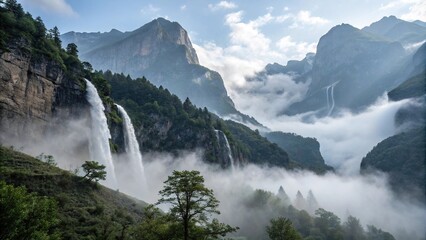 Fototapeta premium Misty mountain range with fog and waterfalls, fog, river, mist, landscape, rugged