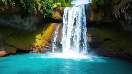 waterfall cascading into turquoise lagoon, aquatic plants, natural wonders