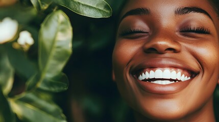 African woman smiling joyfully against green leaves backdrop.