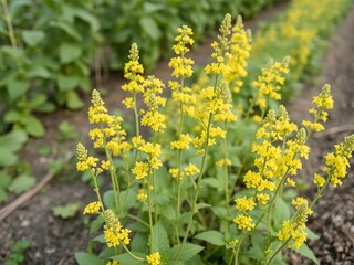 Obraz premium Wild mustard growing in front of a row of green bean plants in southern Illinois, sunny day, rural fields, farm crops