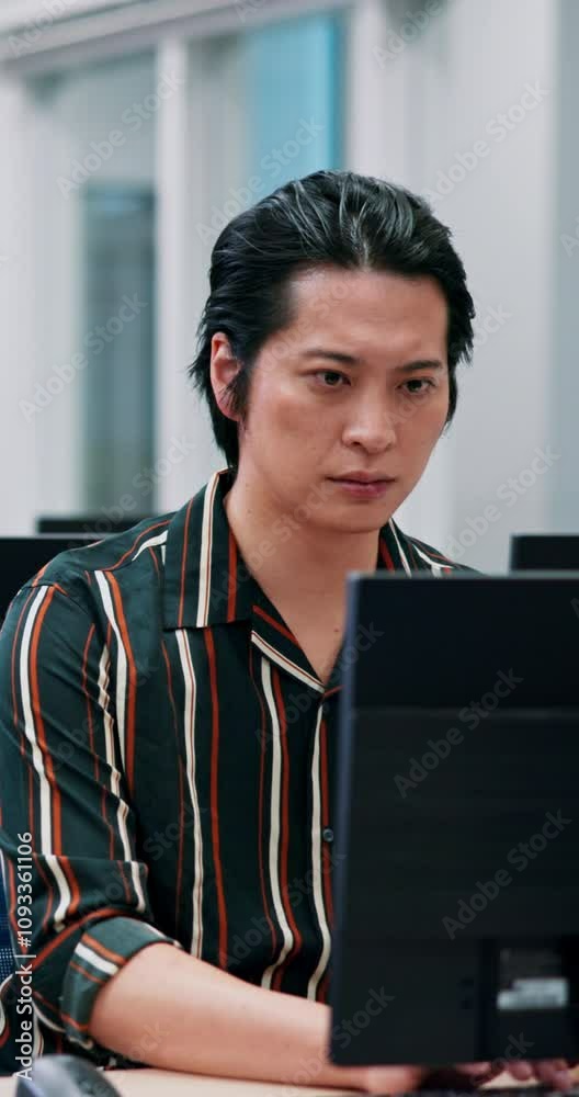 Poster Computer, typing and business with Japanese man in office for project, communication and email. Web developer, research and reading with asian person in agency for online, internet and report