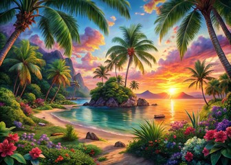 Fototapeta premium Romantic Tropical Paradise: Breathtaking Landscape of Love Island with Stunning Sunsets, Lush Palms, and Serene Beaches Perfect for Dreamy Escapes and Couples Retreats