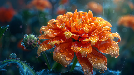Bright marigold flower with rich orange and yellow hues, showcasing intricate petal patterns and natural beauty in full bloom.

